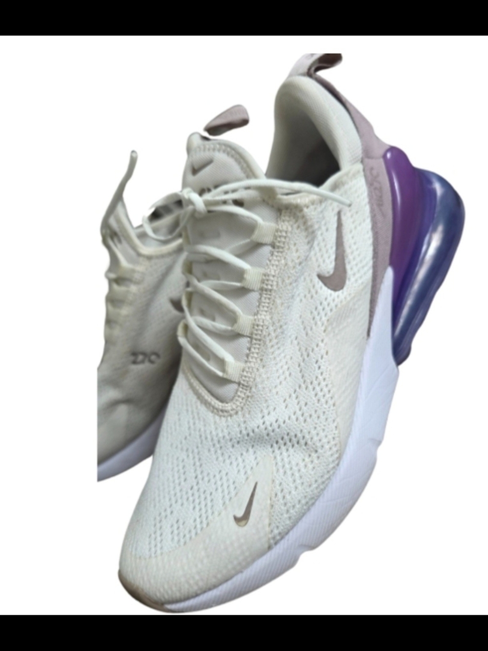 Nike Women’s Air Max 270 Cream Knit Sneaker with Purple Air Heel